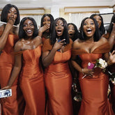 Corset Burnt Orange Bridesmaid Dresses Satin Mermaid with Tulle Straps